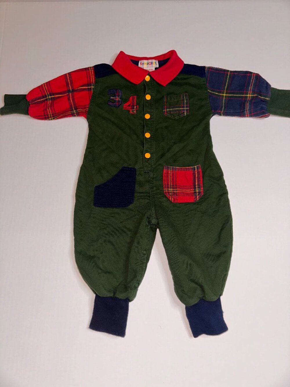 VTG  90s Rainbow Tag Gymboree Colorblock Plaid & Olive Romper Infant (6/12M) 705